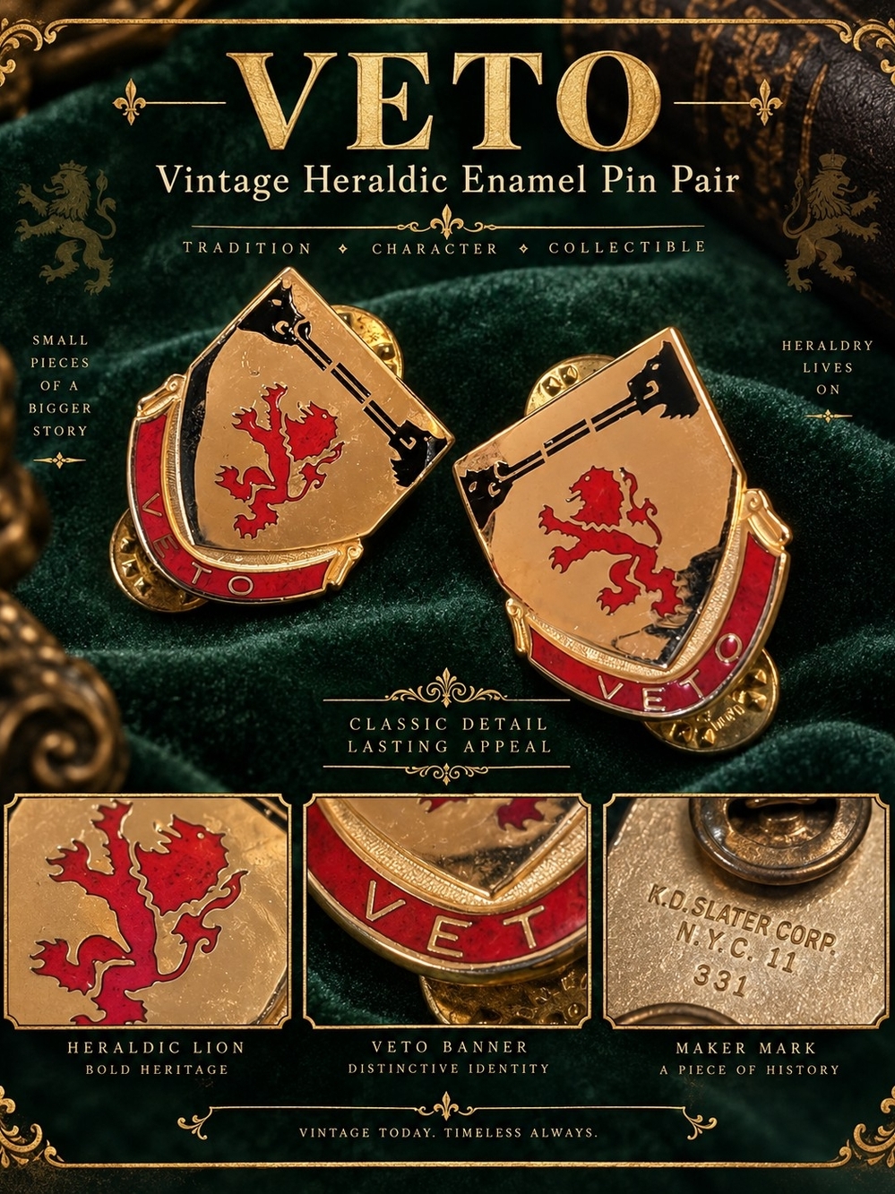 Vintage U.S. Army 57th Air Defense Artillery “VETO” Unit Crest DUI Pair – K.O. S